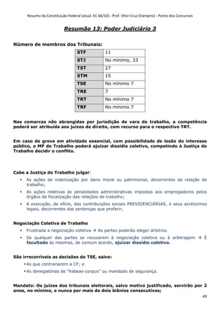 Resumo da Constituição Federal (atual. EC 66/10) - Prof. Vítor Cruz (Vampiro) - Ponto dos Concursos
49
Resumão 13: Poder Judiciário 3
Número de membros dos Tribunais:
STF 11
STJ No mínimo, 33
TST 27
STM 15
TSE No mínimo 7
TRE 7
TRT No mínimo 7
TRF No mínimo 7
Nas comarcas não abrangidas por jurisdição de vara do trabalho, a competência
poderá ser atribuída aos juízes de direito, com recurso para o respectivo TRT.
Em caso de greve em atividade essencial, com possibilidade de lesão do interesse
público, o MP do Trabalho poderá ajuizar dissídio coletivo, competindo à Justiça do
Trabalho decidir o conflito.
Cabe a Justiça do Trabalho julgar:
As ações de indenização por dano moral ou patrimonial, decorrentes da relação de
trabalho;
As ações relativas às penalidades administrativas impostas aos empregadores pelos
órgãos de fiscalização das relações de trabalho;
A execução, de ofício, das contribuições sociais PREVIDENCIÁRIAS, e seus acréscimos
legais, decorrentes das sentenças que proferir;
Negociação Coletiva de Trabalho
Frustrada a negociação coletiva As partes poderão eleger árbitros.
Se qualquer das partes se recusarem à negociação coletiva ou à arbitragem É
facultado às mesmas, de comum acordo, ajuizar dissídio coletivo.
São irrecorríveis as decisões do TSE, salvo:
As que contrariarem a CF; e
As denegatórias de "habeas-corpus" ou mandado de segurança.
Mandato: Os juízes dos tribunais eleitorais, salvo motivo justificado, servirão por 2
anos, no mínimo, e nunca por mais de dois biênios consecutivos;
 