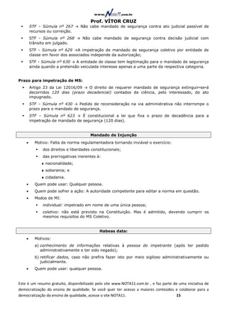 Prof. VÍTOR CRUZ
        STF – Súmula nº 267 → Não cabe mandado de segurança contra ato judicial passível de
        recursos ou correição.
        STF - Súmula nº 268 → Não cabe mandado de segurança contra decisão judicial com
        trânsito em julgado.
        STF - Súmula nº 629 →A impetração de mandado de segurança coletivo por entidade de
        classe em favor dos associados independe da autorização;
        STF - Súmula nº 630 → A entidade de classe tem legitimação para o mandado de segurança
        ainda quando a pretensão veiculada interesse apenas a uma parte da respectiva categoria.


Prazo para impetração de MS:
        Artigo 23 da Lei 12016/09 → O direito de requerer mandado de segurança extinguir-se-á
        decorridos 120 dias (prazo decadencial) contados da ciência, pelo interessado, do ato
        impugnado.
        STF – Súmula nº 430 → Pedido de reconsideração na via administrativa não interrompe o
        prazo para o mandado de segurança.
        STF – Súmula nº 623 → É constitucional a lei que fixa o prazo de decadência para a
        impetração de mandado de segurança (120 dias).


                                       Mandado de Injunção
    •     Motivo: Falta de norma regulamentadora tornando inviável o exercício:
              dos direitos e liberdades constitucionais;
              das prerrogativas inerentes à:
             ♦ nacionalidade;
             ♦ soberania; e
             ♦ cidadania.
    •     Quem pode usar: Qualquer pessoa.
    •     Quem pode sofrer a ação: A autoridade competente para editar a norma em questão.
    •     Modos de MI:
              individual: impetrado em nome de uma única pessoa;
              coletivo: não está previsto na Constituição. Mas é admitido, devendo cumprir os
              mesmos requisitos do MS Coletivo.


                                            Habeas data:
    •     Motivos:
          a) conhecimento de informações relativas à pessoa do impetrante (após ter pedido
             administrativamente e ter sido negado);
          b) retificar dados, caso não prefira fazer isto por meio sigiloso administrativamente ou
             judicialmente.
    •     Quem pode usar: qualquer pessoa.


Este é um resumo gratuito, disponibilizado pelo site www.NOTA11.com.br , e faz parte de uma iniciativa de
democratização do ensino de qualidade. Se você quer ter acesso a maiores conteúdos e colaborar para a
democratização do ensino de qualidade, acesse o site NOTA11.                          15
 