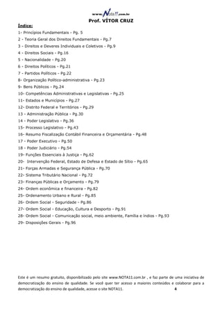 Prof. VÍTOR CRUZ
Índice:
1- Princípios Fundamentais - Pg. 5
2 - Teoria Geral dos Direitos Fundamentais - Pg.7
3 - Direitos e Deveres Individuais e Coletivos - Pg.9
4 - Direitos Sociais - Pg.16
5 - Nacionalidade - Pg.20
6 - Direitos Políticos - Pg.21
7 - Partidos Políticos - Pg.22
8- Organização Político-administrativa - Pg.23
9- Bens Públicos - Pg.24
10- Competências Administrativas e Legislativas - Pg.25
11- Estados e Municípios - Pg.27
12- Distrito Federal e Territórios - Pg.29
13 - Administração Pública - Pg.30
14 - Poder Legislativo - Pg.36
15- Processo Legislativo - Pg.43
16- Resumo Fiscalização Contábil Financeira e Orçamentária - Pg.48
17 - Poder Executivo - Pg.50
18 - Poder Judiciário - Pg.54
19- Funções Essenciais à Justiça - Pg.62
20- Intervenção Federal, Estado de Defesa e Estado de Sítio - Pg.65
21- Forças Armadas e Segurança Pública - Pg.70
22- Sistema Tributário Nacional - Pg.72
23- Finanças Públicas e Orçamento - Pg.79
24- Ordem econômica e financeira - Pg.82
25- Ordenamento Urbano e Rural - Pg.85
26- Ordem Social - Seguridade - Pg.86
27- Ordem Social - Educação, Cultura e Desporto - Pg.91
28- Ordem Social - Comunicação social, meio ambiente, Família e índios - Pg.93
29- Disposições Gerais - Pg.96




Este é um resumo gratuito, disponibilizado pelo site www.NOTA11.com.br , e faz parte de uma iniciativa de
democratização do ensino de qualidade. Se você quer ter acesso a maiores conteúdos e colaborar para a
democratização do ensino de qualidade, acesse o site NOTA11.                            4
 
