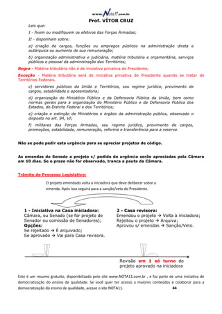 Prof. VÍTOR CRUZ
     Leis que:
     I - fixem ou modifiquem os efetivos das Forças Armadas;
     II - disponham sobre:
     a) criação de cargos, funções ou empregos públicos na administração direta e
     autárquica ou aumento de sua remuneração;
     b) organização administrativa e judiciária, matéria tributária e orçamentária, serviços
     públicos e pessoal da administração dos Territórios;
Regra - Matéria tributária não é de iniciativa privativa do Presidente;
Exceção - Matéria tributária será de iniciativa privativa do Presidente quando se tratar de
Territórios Federais.
     c) servidores públicos da União e Territórios, seu regime jurídico, provimento de
     cargos, estabilidade e aposentadoria;
     d) organização do Ministério Público e da Defensoria Pública da União, bem como
     normas gerais para a organização do Ministério Público e da Defensoria Pública dos
     Estados, do Distrito Federal e dos Territórios;
     e) criação e extinção de Ministérios e órgãos da administração pública, observado o
     disposto no art. 84, VI;
     f) militares das Forças Armadas, seu regime jurídico, provimento de cargos,
     promoções, estabilidade, remuneração, reforma e transferência para a reserva.


Não se pode pedir esta urgência para se apreciar projetos de código.


As emendas do Senado a projeto c/ pedido de urgência serão apreciadas pela Câmara
em 10 dias. Se o prazo não for observado, tranca a pauta da Câmara.


Trâmite do Processo Legislativo:

                 O projeto emendado volta à iniciadora que deve deliberar sobre a
                 emenda. Após isso seguirá para a sanção/veto do Presidente.




   1 - Iniciativa na Casa iniciadora:                     2 - Casa revisora:
   Câmara, ou Senado (se for projeto de                   Emendou o projeto   Volta à iniciadora;
   Senador ou comissão de Senadores);                     Rejeitou o projeto Arquiva;
   Opções:                                                Aprovou s/ emendas   Sanção/Veto.
   Se rejeitado   É arquivado;
   Se aprovado     Vai para Casa revisora.




                                                           Revisão em 1 só turno do
                                                           projeto aprovado na iniciadora

Este é um resumo gratuito, disponibilizado pelo site www.NOTA11.com.br , e faz parte de uma iniciativa de
democratização do ensino de qualidade. Se você quer ter acesso a maiores conteúdos e colaborar para a
democratização do ensino de qualidade, acesse o site NOTA11.                          44
 