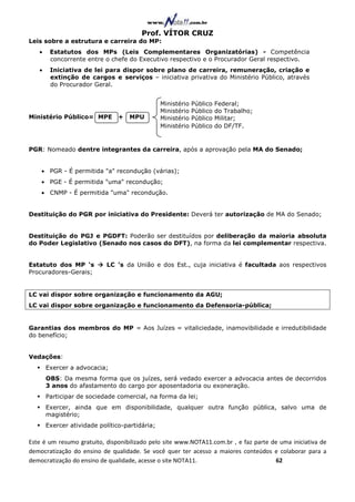 Prof. VÍTOR CRUZ
Leis sobre a estrutura e carreira do MP:
   •    Estatutos dos MPs (Leis Complementares Organizatórias) - Competência
        concorrente entre o chefe do Executivo respectivo e o Procurador Geral respectivo.
   •    Iniciativa de lei para dispor sobre plano de carreira, remuneração, criação e
        extinção de cargos e serviços – iniciativa privativa do Ministério Público, através
        do Procurador Geral.


                                                Ministério   Público   Federal;
                                                Ministério   Público   do Trabalho;
Ministério Público= MPE         +   MPU         Ministério   Público   Militar;
                                                Ministério   Público   do DF/TF.


PGR: Nomeado dentre integrantes da carreira, após a aprovação pela MA do Senado;


    • PGR - É permitida "a" recondução (várias);
    • PGE - É permitida "uma" recondução;
    • CNMP - É permitida "uma" recondução.


Destituição do PGR por iniciativa do Presidente: Deverá ter autorização de MA do Senado;


Destituição do PGJ e PGDFT: Poderão ser destituídos por deliberação da maioria absoluta
do Poder Legislativo (Senado nos casos do DFT), na forma da lei complementar respectiva.


Estatuto dos MP ‘s          LC ’s da União e dos Est., cuja iniciativa é facultada aos respectivos
Procuradores-Gerais;


LC vai dispor sobre organização e funcionamento da AGU;
LC vai dispor sobre organização e funcionamento da Defensoria-pública;


Garantias dos membros do MP = Aos Juízes = vitaliciedade, inamovibilidade e irredutibilidade
do benefício;


Vedações:
       Exercer a advocacia;
       OBS: Da mesma forma que os juízes, será vedado exercer a advocacia antes de decorridos
       3 anos do afastamento do cargo por aposentadoria ou exoneração.
       Participar de sociedade comercial, na forma da lei;
       Exercer, ainda que em disponibilidade, qualquer outra função pública, salvo uma de
       magistério;
       Exercer atividade político-partidária;

Este é um resumo gratuito, disponibilizado pelo site www.NOTA11.com.br , e faz parte de uma iniciativa de
democratização do ensino de qualidade. Se você quer ter acesso a maiores conteúdos e colaborar para a
democratização do ensino de qualidade, acesse o site NOTA11.                          62
 