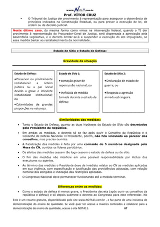 Prof. VÍTOR CRUZ
           O Tribunal de Justiça der provimento à representação para assegurar a observância de
           princípios indicados na Constituição Estadual, ou para prover a execução de lei, de
           ordem ou de decisão judicial.
Neste último caso, da mesma forma como vimos na intervenção federal, quando o TJ der
provimento à representação do Procurador-Geral de Justiça, será dispensada a apreciação pela
Assembléia Legislativa, e o decreto limitar-se-á a suspender a execução do ato impugnado, se
essa medida bastar ao restabelecimento da normalidade.


                                Estado de Sítio e Estado de Defesa:


                                       Gravidade da situação



 Estado de Defesa:                  Estado de Sítio 1:                 Estado de Sítio 2:
 • Preservar ou prontamente
                                    • comoção grave de                 • Declaração de estado de
 restabelecer    a    ordem
                                    repercussão nacional; ou           guerra; ou
 pública ou a paz social
 devido a grave e iminente
                                    • ineficácia de medida             • Resposta a agressão
 instabilidade institucional;
                                    tomada durante o estado de         armada estrangeira.
 ou
                                    defesa;
 • Calamidades de grandes
 proporções na natureza.


                                    Similaridades das medidas:
   •   Tanto o Estado de Defesa, quanto as duas hipóteses do Estado de Sítio são decretados
       pelo Presidente da República.
   •   Em ambas as medidas, o decreto só se faz após ouvir o Conselho da República e o
       Conselho de Defesa Nacional. O Presidente, porém, não fica vinculado ao parecer dos
       conselhos, mas precisa ouvi-los.
   •   A fiscalização das medidas é feita por uma comissão de 5 membros designada pela
       Mesa do CN, ouvidos os líderes partidários.
   •   Os efeitos das medidas cessam tão logo cessem o estado de defesa ou de sítio.
   •   O fim das medidas não interfere em uma possível responsabilidade por ilícitos dos
       executores ou agentes.
   •   Ao término das medidas o Presidente deve de imediato relatar ao CN as medidas aplicadas
       em sua vigência, com especificação e justificação das providências adotadas, com relação
       nominal dos atingidos e indicação das restrições aplicadas.
   •   O Congresso Nacional deve permanecer funcionando até a medida terminar.


                                   Diferenças entre as medidas:
   •   Como o estado de defesa é menos grave, o Presidente decreta (após ouvir os conselhos da
       república e defesa) e só depois submete o decreto ao Congresso para este referendar. No
Este é um resumo gratuito, disponibilizado pelo site www.NOTA11.com.br , e faz parte de uma iniciativa de
democratização do ensino de qualidade. Se você quer ter acesso a maiores conteúdos e colaborar para a
democratização do ensino de qualidade, acesse o site NOTA11.                          67
 