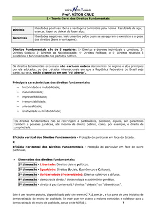 Prof. VÍTOR CRUZ
                           2 - Teoria Geral dos Direitos Fundamentais


                 liberdades positivas. Bens e vantagens conferidos pela norma. Faculdade de agir,
Direitos
                 exercer, fazer ou deixar de fazer algo.
                 liberdades negativas. instrumentos pelos quais se asseguram o exercício e o gozo
Garantias
                 dos direitos (bens e vantagens).


Direitos Fundamentais são de 5 espécies: 1- Direitos e deveres individuais e coletivos; 2-
Direitos Sociais; 3- Direitos da Nacionalidade; 4- Direitos Políticos; e 5- Direitos relativos à
existência e funcionamento dos partidos político.


Os direitos fudamentais expressos não excluem outros decorrentes do regime e dos princípios
por ela adotados, ou dos tratados internacionais em que a República Federativa do Brasil seja
parte, ou seja, estão dispostos em um "rol aberto".


Principais características dos direitos fundamentais:
       historicidade e mutabilidade;
       inalienabilidade;
       imprescritibilidade;
       irrenunciabilidade;
       universalidade;
       relatividade ou limitabilidade;


 Os direitos fundamentais não se restringem a particulares, podendo, alguns, ser garantidos
 também a pessoas jurídicas, até mesmo de direito público, como, por exemplo, o direito de
 propriedade.


Eficácia vertical dos Direitos Fundamentais - Proteção do particular em face do Estado.
X
Eficácia horizontal dos Direitos Fundamentais - Proteção do particular em face de outro
particular.


•   Dimensões dos direitos fundamentais:
    1ª dimensão - Liberdade: Direitos civis e políticos.
    2ª dimensão - Igualdade: Direitos Sociais, Econômicos e Culturais.
    3ª dimensão - Solidariedade (fraternidade): Direitos coletivos e difusos.
    4ª dimensão - democracia direta / biotecnologia e patrimônio genético.
    5ª dimensão - direito à paz (universal) / direitos “virtuais” ou “cibernéticos”.


Este é um resumo gratuito, disponibilizado pelo site www.NOTA11.com.br , e faz parte de uma iniciativa de
democratização do ensino de qualidade. Se você quer ter acesso a maiores conteúdos e colaborar para a
democratização do ensino de qualidade, acesse o site NOTA11.                            7
 