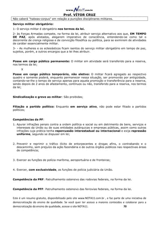 Prof. VÍTOR CRUZ
Não caberá "habeas-corpus" em relação a punições disciplinares militares.
Serviço militar obrigatório:
1- O serviço militar é obrigatório nos termos da lei.
2- às Forças Armadas compete, na forma da lei, atribuir serviço alternativo aos que, EM TEMPO
DE PAZ, após alistados, alegarem imperativo de consciência, entendendo-se como tal o
decorrente de crença religiosa e de convicção filosófica ou política, para se eximirem de atividades
de caráter essencialmente militar.
3- - As mulheres e os eclesiásticos ficam isentos do serviço militar obrigatório em tempo de paz,
sujeitos, porém, a outros encargos que a lei lhes atribuir.


Posse em cargo público permanente: O militar em atividade será transferido para a reserva,
nos termos da lei;
      X
Posse em cargo público temporário, não eletivo: O militar ficará agregado ao respectivo
quadro e somente poderá, enquanto permanecer nessa situação, ser promovido por antigüidade,
contando-se-lhe o tempo de serviço apenas para aquela promoção e transferência para a reserva,
sendo depois de 2 anos de afastamento, contínuos ou não, transferido para a reserva, nos termos
da lei;


Sindicalização e greve ao militar: São proibidas;


Filiação a partido político: Enquanto em serviço ativo, não pode estar filiado a partidos
políticos;


Competências da PF:
1. Apurar infrações penais contra a ordem política e social ou em detrimento de bens, serviços e
   interesses da União ou de suas entidades autárquicas e empresas públicas, assim como outras
   infrações cuja prática tenha repercussão interestadual ou internacional e exija repressão
   uniforme, segundo se dispuser em lei;


2. Prevenir e reprimir o tráfico ilícito de entorpecentes e drogas afins, o contrabando e o
   descaminho, sem prejuízo da ação fazendária e de outros órgãos públicos nas respectivas áreas
   de competência;


3. Exercer as funções de polícia marítima, aeroportuária e de fronteiras;


4. Exercer, com exclusividade, as funções de polícia judiciária da União.


Competência da PRF: Patrulhamento ostensivo das rodovias federais, na forma da lei.


Competência da PFF: Patrulhamento ostensivo das ferrovias federais, na forma da lei.


Este é um resumo gratuito, disponibilizado pelo site www.NOTA11.com.br , e faz parte de uma iniciativa de
democratização do ensino de qualidade. Se você quer ter acesso a maiores conteúdos e colaborar para a
democratização do ensino de qualidade, acesse o site NOTA11.                          70
 
