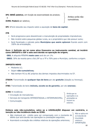 Resumo da Constituição Federal (atual. EC 66/10) - Prof. Vítor Cruz (Vampiro) - Ponto dos Concursos
60
IPI: SERÁ seletivo, em função da essencialidade do produto;
X
ICMS: Poderá ser seletivo;
IPI Terá reduzido seu impacto sobre a aquisição de bens de capital;
ITR
Será progressivo para desestimular a manutenção de propriedades improdutivas;
Não incidirá sobre pequenas glebas rurais, se o proprietário que não possuir outra;
Será fiscalizado e cobrado pelos Municípios que assim optarem ficando assim com
100% da arrecadação;
Ouro Definido em lei como ativo financeiro ou instrumento cambial, só incidirá
como IMPOSTO o IOF e este será devido na operação de origem;
OBS. A alíquota MÍNIMA neste caso será de um 1%.
OBS2. 30% da receita para o Est./DF ou o TF e 70% para o Município, conforme a origem.
IMPOSTO NOVO
Mediante LC;
Sejam não-cumulativos;
Não tenham FG ou BC próprios dos demais impostos discriminados na CF.
ITDCM: Transmissão de qualquer tipo de bens por ato gratuito (doação ou herança);
X
ITBI: Transmissão de bens imóveis, exceto os de garantia, por ato oneroso;
ICMS Incidência:
Circulação de mercadorias;
Serviços de transporte INTERESTADUAL e INTERMUNICIPAL;
Comunicação.
Embora seja não-cumulativo, salvo se a LEGISLAÇÃO dispuser em contrário, a
isenção ou não-incidência dada ao ICMS:
Não implicará em crédito para ser compensado com o montante de
débito que será devido nas operações ou prestações seguintes;
Acarretará a anulação dos créditos relativos às operações anteriores;
Ainda que as
operações e as
prestações se
iniciem no
exterior;
Não se aplica em
se tratando de
Imunidade
relativa à
EXPORTAÇÃO.
Ambos serão não-
cumulativos.
 
