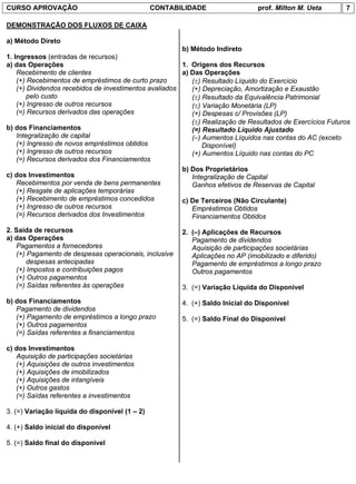 CURSO APROVAÇÃO                                 CONTABILIDADE                  prof. Milton M. Ueta        7

DEMONSTRAÇÃO DOS FLUXOS DE CAIXA

a) Método Direto
                                                        b) Método Indireto
1. Ingressos (entradas de recursos)
a) das Operações                                        1. Origens dos Recursos
    Recebimento de clientes                             a) Das Operações
    (+) Recebimentos de empréstimos de curto prazo         (±) Resultado Líquido do Exercício
    (+) Dividendos recebidos de investimentos avaliados    (+) Depreciação, Amortização e Exaustão
        pelo custo                                         (±) Resultado da Equivalência Patrimonial
    (+) Ingresso de outros recursos                        (±) Variação Monetária (LP)
    (=) Recursos derivados das operações                   (+) Despesas c/ Provisões (LP)
                                                           (±) Realização de Resultados de Exercícios Futuros
b) dos Financiamentos                                      (=) Resultado Líquido Ajustado
    Integralização de capital                              (–) Aumentos Líquidos nas contas do AC (exceto
    (+) Ingresso de novos empréstimos obtidos                  Disponível)
    (+) Ingresso de outros recursos                        (+) Aumentos Líquido nas contas do PC
    (=) Recursos derivados dos Financiamentos
                                                        b) Dos Proprietários
c) dos Investimentos                                       Integralização de Capital
    Recebimentos por venda de bens permanentes             Ganhos efetivos de Reservas de Capital
    (+) Resgate de aplicações temporárias
    (+) Recebimento de empréstimos concedidos           c) De Terceiros (Não Circulante)
    (+) Ingresso de outros recursos                        Empréstimos Obtidos
    (=) Recursos derivados dos Investimentos               Financiamentos Obtidos
2. Saída de recursos                                   2. (–) Aplicações de Recursos
a) das Operações                                          Pagamento de dividendos
   Pagamentos a fornecedores                              Aquisição de participações societárias
   (+) Pagamento de despesas operacionais, inclusive      Aplicações no AP (imobilizado e diferido)
       despesas antecipadas                               Pagamento de empréstimos a longo prazo
   (+) Impostos e contribuições pagos                     Outros pagamentos
   (+) Outros pagamentos
   (=) Saídas referentes às operações                  3. (=) Variação Líquida do Disponível

b) dos Financiamentos                                  4. (+) Saldo Inicial do Disponível
   Pagamento de dividendos
   (+) Pagamento de empréstimos a longo prazo          5. (=) Saldo Final do Disponível
   (+) Outros pagamentos
   (=) Saídas referentes a financiamentos

c) dos Investimentos
   Aquisição de participações societárias
   (+) Aquisições de outros investimentos
   (+) Aquisições de imobilizados
   (+) Aquisições de intangíveis
   (+) Outros gastos
   (=) Saídas referentes a investimentos

3. (=) Variação líquida do disponível (1 – 2)

4. (+) Saldo inicial do disponível

5. (=) Saldo final do disponível
 