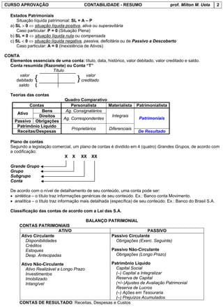 CURSO APROVAÇÃO                           CONTABILIDADE - RESUMO                        prof. Milton M. Ueta       2

   Estados Patrimoniais
      Situação líquida patrimonial: SL = A – P
   a) SL > 0 ⇔ situação líquida positiva, ativa ou superavitária
      Caso particular: P = 0 (Situação Plena)
   b) SL = 0 ⇔ situação líquida nula ou compensada
   c) SL < 0 ⇔ situação líquida negativa, passiva, deficitária ou de Passivo a Descoberto
      Caso particular: A = 0 (Inexistência de Ativos)

CONTA
  Elementos essenciais de uma conta: título, data, histórico, valor debitado, valor creditado e saldo.
  Conta resumida (Razonete) ou Conta “T”
                     Título
       valor                         valor
     debitado   {                     }
                                  creditado
      saldo {

   Teorias das contas
                               Quadro Comparativo
            Contas                 Personalista    Materialista       Patrimonialista
                 Bens           Ag. Consignatários
      Ativo
                Direitos                            Integrais
                               Ag. Correspondentes                     Patrimoniais
     Passivo Obrigações
      Patrimônio Líquido
                                   Proprietários       Diferenciais
      Receitas/Despesas                                                De Resultado

   Plano de contas
   Segundo a legislação comercial, um plano de contas é dividido em 4 (quatro) Grandes Grupos, de acordo com
   a codificação:
                             X X XX XX

   Grande Grupo
   Grupo
   Subgrupo
   Conta

   De acordo com o nível de detalhamento de seu conteúdo, uma conta pode ser:
   • sintética – o título traz informações genéricas de seu conteúdo. Ex.: Banco conta Movimento.
   • analítica – o título traz informação mais detalhada (específica) de seu conteúdo. Ex.: Banco do Brasil S.A.

   Classificação das contas de acordo com a Lei das S.A.

                                           BALANÇO PATRIMONIAL
       CONTAS PATRIMONIAIS
                           ATIVO                                         PASSIVO
        Ativo Circulante                                Passivo Circulante
          Disponibilidades                                Obrigações (Exerc. Seguinte)
          Créditos
          Estoques                                      Passivo Não-Circulante
          Desp. Antecipadas                               Obrigações (Longo Prazo)

        Ativo Não-Circulante                  Patrimônio Líquido
          Ativo Realizável a Longo Prazo        Capital Social
          Investimentos                         (–) Capital a Integralizar
          Imobilizado                           Reserva de Capital
          Intangível                            (+/–)Ajustes de Avaliação Patrimonial
                                                Reserva de Lucros
                                                (–) Ações em Tesouraria
                                                (–) Prejuízos Acumulados
       CONTAS DE RESULTADO: Receitas, Despesas e Custos
 