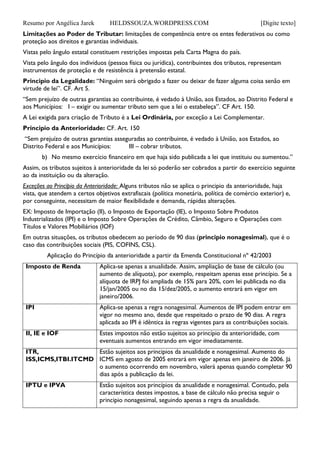 Resumo por Angélica Jarek HELDSSOUZA.WORDPRESS.COM [Digite texto]
Limitações ao Poder de Tributar: limitações de competência entre os entes federativos ou como
proteção aos direitos e garantias individuais.
Vistas pelo ângulo estatal constituem restrições impostas pela Carta Magna do país.
Vista pelo ângulo dos indivíduos (pessoa física ou jurídica), contribuintes dos tributos, representam
instrumentos de proteção e de resistência à pretensão estatal.
Principio da Legalidade: “Ninguém será obrigado a fazer ou deixar de fazer alguma coisa senão em
virtude de lei”. CF. Art 5.
“Sem prejuízo de outras garantias ao contribuinte, é vedado à União, aos Estados, ao Distrito Federal e
aos Municípios: I – exigir ou aumentar tributo sem que a lei o estabeleça”. CF Art. 150.
A Lei exigida para criação de Tributo é a Lei Ordinária, por exceção a Lei Complementar.
Principio da Anterioridade: CF. Art. 150
“Sem prejuízo de outras garantias asseguradas ao contribuinte, é vedado à União, aos Estados, ao
Distrito Federal e aos Municípios: III – cobrar tributos.
b) No mesmo exercício financeiro em que haja sido publicada a lei que instituiu ou aumentou.”
Assim, os tributos sujeitos à anterioridade da lei só poderão ser cobrados a partir do exercício seguinte
ao da instituição ou da alteração.
Exceções ao Princípio da Anterioridade: Alguns tributos não se aplica o principio da anterioridade, haja
vista, que atendem a certos objetivos extrafiscais (política monetária, política de comércio exterior) e,
por conseguinte, necessitam de maior flexibilidade e demanda, rápidas alterações.
EX: Imposto de Importação (II), o Imposto de Exportação (IE), o Imposto Sobre Produtos
Industrializados (IPI) e o Imposto Sobre Operações de Crédito, Câmbio, Seguro e Operações com
Títulos e Valores Mobiliários (IOF)
Em outras situações, os tributos obedecem ao período de 90 dias (principio nonagesimal), que é o
caso das contribuições sociais (PIS, COFINS, CSL).
Aplicação do Princípio da anterioridade a partir da Emenda Constitucional nº 42/2003
Imposto de Renda Aplica-se apenas a anualidade. Assim, ampliação de base de cálculo (ou
aumento de alíquota), por exemplo, respeitam apenas esse princípio. Se a
alíquota de IRPJ foi ampliada de 15% para 20%, com lei publicada no dia
15/jan/2005 ou no dia 15/dez/2005, o aumento entrará em vigor em
janeiro/2006.
IPI Aplica-se apenas a regra nonagesimal. Aumentos de IPI podem entrar em
vigor no mesmo ano, desde que respeitado o prazo de 90 dias. A regra
aplicada ao IPI é idêntica às regras vigentes para as contribuições sociais.
II, IE e IOF Estes impostos não estão sujeitos ao princípio da anterioridade, com
eventuais aumentos entrando em vigor imediatamente.
ITR,
ISS,ICMS,ITBI.ITCMD
Estão sujeitos aos principios da anualidade e nonagesimal. Aumento do
ICMS em agosto de 2005 entrará em vigor apenas em janeiro de 2006. Já
o aumento ocorrendo em novembro, valerá apenas quando completar 90
dias após a publicação da lei.
IPTU e IPVA Estão sujeitos aos princípios da anualidade e nonagesimal. Contudo, pela
característica destes impostos, a base de cálculo não precisa seguir o
principio nonagesimal, seguindo apenas a regra da anualidade.
 