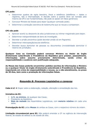 Resumo da Constituição Federal (atual. EC 66/10) - Prof. Vítor Cruz (Vampiro) - Ponto dos Concursos
32
CPI pode:
• Determinar quebra de sigilo bancário, fiscal e telefônico (telefônico = dados e
registros, não a interceptação. A decisão sobre a quebra deve ser tomada pela
maioria da CPI e ser fundamentada, não pode se apoiar em fatos genéricos)
• Convocar Ministro de Estado para depor (qualquer comissão pode).
• Determinar a condução coercitiva de testemunha que se recuse a comparecer.
CPI não pode
• Apreciar acerto ou desacerto de atos jurisdicionais ou intimar magistrado para depor.
• Determinar indisponibilidade de bens do investigado.
• Decretar a prisão preventiva (pode decretar prisão só em flagrante).
• Determinar interceptação/escuta telefônica.
• Decretar busca domiciliar de pessoas ou documentos (inviolabilidade domiciliar é
reserva de jurisdição).
Qualquer Casa ou Comissão poderá convocar Ministro ou titular de órgão
diretamente subordinado à Presidência da República para prestar, pessoalmente,
informações sobre assunto previamente determinado, sendo crime de
responsabilidade a ausência sem justificação adequada.
As Mesas das Casas poderão encaminhar pedidos escritos de informações a Ministro
ou a qualquer titular de órgão diretamente subordinado à Presidência da República,
importando em crime de responsabilidade a recusa, ou o não-atendimento, no prazo
de 30 dias, bem como a prestação de informações falsas.
Resumão 8: Processo Legislativo e conexos
Cabe à LC Dispor sobre a elaboração, redação, alteração e consolidação das leis.
Iniciativa da EC:
1/3, no mínimo, de qualquer das Casas;
Presidente da República;
Mais da metade das Assembléias Legislativas, com maioria relativa em cada uma
delas.
Promulgação da EC: pelas Mesas de ambas as Casas, com o respectivo número de ordem.
Limitação circunstancial para EC: Não poderá emendar a CF na vigência de intervenção
federal, de estado de defesa ou de estado de sítio.
 