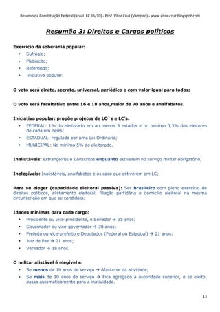 Resumo da Constituição Federal (atual. EC 66/10) - Prof. Vítor Cruz (Vampiro) - www.vitor-cruz.blogspot.com



                  Resumão 3: Direitos e Cargos políticos

Exercício da soberania popular:
      Sufrágio;
      Plebiscito;
      Referendo;
      Iniciativa popular.


O voto será direto, secreto, universal, periódico e com valor igual para todos;


O voto será facultativo entre 16 e 18 anos,maior de 70 anos e analfabetos.


Iniciativa popular: propõe projetos de LO`s e LC’s:
      FEDERAL: 1% do eleitorado em ao menos 5 estados e no mínimo 0,3% dos eleitores
      de cada um deles;
      ESTADUAL: regulada por uma Lei Ordinária;
      MUNICIPAL: No mínimo 5% do eleitorado.


Inalistáveis: Estrangeiros e Conscritos enquanto estiverem no serviço militar obrigatório;


Inelegíveis: Inalistáveis, analfabetos e os caso que estiverem em LC;


Para se eleger (capacidade eleitoral passiva): Ser brasileiro com pleno exercício de
direitos políticos, alistamento eleitoral, filiação partidária e domicílio eleitoral na mesma
circunscrição em que se candidata;


Idades mínimas para cada cargo:
      Presidente ou vice-presidente, e Senador               35 anos;
      Governador ou vice-governador              30 anos;
      Prefeito ou vice-prefeito e Deputados (Federal ou Estadual)                  21 anos;
      Juiz de Paz       21 anos;
      Vereador       18 anos.


O militar alistável é elegível e:
      Se menos de 10 anos de serviço               Afasta-se da atividade;
      Se mais de 10 anos de serviço      Fica agregado à autoridade superior, e se eleito,
      passa automaticamente para a inatividade.


                                                                                                                 13
 