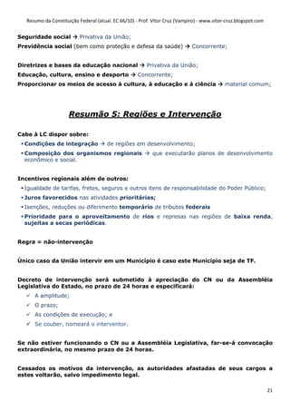 Resumo da Constituição Federal (atual. EC 66/10) - Prof. Vítor Cruz (Vampiro) - www.vitor-cruz.blogspot.com


Seguridade social         Privativa da União;
Previdência social (bem como proteção e defesa da saúde)                     Concorrente;


Diretrizes e bases da educação nacional                  Privativa da União;
Educação, cultura, ensino e desporto                 Concorrente;
Proporcionar os meios de acesso à cultura, à educação e à ciência                           material comum;




                      Resumão 5: Regiões e Intervenção

Cabe à LC dispor sobre:
  Condições de integração              de regiões em desenvolvimento;
  Composição dos organismos regionais                      que executarão planos de desenvolvimento
  econômico e social.


Incentivos regionais além de outros:
  Igualdade de tarifas, fretes, seguros e outros itens de responsabilidade do Poder Público;
  Juros favorecidos nas atividades prioritárias;
  Isenções, reduções ou diferimento temporário de tributos federais
  Prioridade para o aproveitamento de rios e represas nas regiões de baixa renda,
  sujeitas a secas periódicas.


Regra = não-intervenção


Único caso da União intervir em um Município é caso este Município seja de TF.


Decreto de intervenção será submetido à apreciação do CN ou da Assembléia
Legislativa do Estado, no prazo de 24 horas e especificará:
      A amplitude;
      O prazo;
      As condições de execução; e
      Se couber, nomeará o interventor.


Se não estiver funcionando o CN ou a Assembléia Legislativa, far-se-á convocação
extraordinária, no mesmo prazo de 24 horas.


Cessados os motivos da intervenção, as autoridades afastadas de seus cargos a
estes voltarão, salvo impedimento legal.

                                                                                                                 21
 
