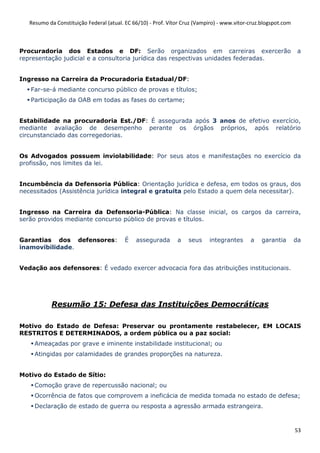 Resumo da Constituição Federal (atual. EC 66/10) - Prof. Vítor Cruz (Vampiro) - www.vitor-cruz.blogspot.com



Procuradoria dos Estados e DF: Serão organizados em carreiras exercerão                                           a
representação judicial e a consultoria jurídica das respectivas unidades federadas.


Ingresso na Carreira da Procuradoria Estadual/DF:
   Far-se-á mediante concurso público de provas e títulos;
   Participação da OAB em todas as fases do certame;


Estabilidade na procuradoria Est./DF: É assegurada após 3 anos de efetivo exercício,
mediante avaliação de desempenho perante os órgãos próprios, após relatório
circunstanciado das corregedorias.


Os Advogados possuem inviolabilidade: Por seus atos e manifestações no exercício da
profissão, nos limites da lei.


Incumbência da Defensoria Pública: Orientação jurídica e defesa, em todos os graus, dos
necessitados (Assistência jurídica integral e gratuita pelo Estado a quem dela necessitar).


Ingresso na Carreira da Defensoria-Pública: Na classe inicial, os cargos da carreira,
serão providos mediante concurso público de provas e títulos.


Garantias dos defensores:                 É   assegurada       a    seus    integrantes      a    garantia       da
inamovibilidade.


Vedação aos defensores: É vedado exercer advocacia fora das atribuições institucionais.




            Resumão 15: Defesa das Instituições Democráticas

Motivo do Estado de Defesa: Preservar ou prontamente restabelecer, EM LOCAIS
RESTRITOS E DETERMINADOS, a ordem pública ou a paz social:
     Ameaçadas por grave e iminente instabilidade institucional; ou
     Atingidas por calamidades de grandes proporções na natureza.


Motivo do Estado de Sítio:
     Comoção grave de repercussão nacional; ou
     Ocorrência de fatos que comprovem a ineficácia de medida tomada no estado de defesa;
     Declaração de estado de guerra ou resposta a agressão armada estrangeira.



                                                                                                                 53
 