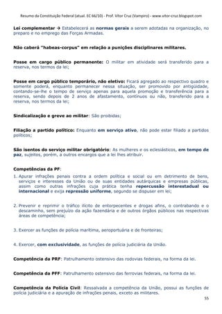 Resumo da Constituição Federal (atual. EC 66/10) - Prof. Vítor Cruz (Vampiro) - www.vitor-cruz.blogspot.com


Lei complementar     Estabelecerá as normas gerais a serem adotadas na organização, no
preparo e no emprego das Forças Armadas.


Não caberá "habeas-corpus" em relação a punições disciplinares militares.


Posse em cargo público permanente: O militar em atividade será transferido para a
reserva, nos termos da lei;


Posse em cargo público temporário, não eletivo: Ficará agregado ao respectivo quadro e
somente poderá, enquanto permanecer nessa situação, ser promovido por antigüidade,
contando-se-lhe o tempo de serviço apenas para aquela promoção e transferência para a
reserva, sendo depois de 2 anos de afastamento, contínuos ou não, transferido para a
reserva, nos termos da lei;


Sindicalização e greve ao militar: São proibidas;


Filiação a partido político: Enquanto em serviço ativo, não pode estar filiado a partidos
políticos;


São isentos do serviço militar obrigatório: As mulheres e os eclesiásticos, em tempo de
paz, sujeitos, porém, a outros encargos que a lei lhes atribuir.


Competências da PF:
1. Apurar infrações penais contra a ordem política e social ou em detrimento de bens,
   serviços e interesses da União ou de suas entidades autárquicas e empresas públicas,
   assim como outras infrações cuja prática tenha repercussão interestadual ou
   internacional e exija repressão uniforme, segundo se dispuser em lei;


2. Prevenir e reprimir o tráfico ilícito de entorpecentes e drogas afins, o contrabando e o
   descaminho, sem prejuízo da ação fazendária e de outros órgãos públicos nas respectivas
   áreas de competência;


3. Exercer as funções de polícia marítima, aeroportuária e de fronteiras;


4. Exercer, com exclusividade, as funções de polícia judiciária da União.


Competência da PRF: Patrulhamento ostensivo das rodovias federais, na forma da lei.


Competência da PFF: Patrulhamento ostensivo das ferrovias federais, na forma da lei.


Competência da Polícia Civil: Ressalvada a competência da União, possui as funções de
polícia judiciária e a apuração de infrações penais, exceto as militares.
                                                                                   55
 