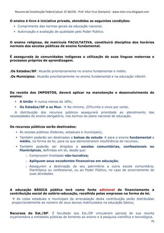 Resumo da Constituição Federal (atual. EC 66/10) - Prof. Vítor Cruz (Vampiro) - www.vitor-cruz.blogspot.com


O ensino é livre à iniciativa privada, atendidas as seguintes condições:
     Cumprimento das normas gerais da educação nacional;
     Autorização e avaliação de qualidade pelo Poder Público.


O ensino religioso, de matrícula FACULTATIVA, constituirá disciplina dos horários
normais das escolas públicas de ensino fundamental.


É assegurada às comunidades indígenas a utilização de suas línguas maternas e
processos próprios de aprendizagem.


.Os Estados/DF: Atuarão prioritariamente no ensino fundamental e médio.
.Os Municípios: Atuarão prioritariamente no ensino fundamental e na educação infantil.




Da receita dos IMPOSTOS, deverá aplicar na manutenção e desenvolvimento do
ensino:
      A União        nunca menos de 18%;
      Os Estados/DF e os Mun.               No mínimo, 25%vinte e cinco por cento.
  .A distribuição dos recursos públicos assegurará prioridade ao atendimento                                 das
necessidades do ensino obrigatório, nos termos do plano nacional de educação.


Os recursos públicos serão destinados:
      Às escolas públicas (federais, estaduais e municipais);
      Também poderão ser destinados a bolsas de estudo       para o ensino fundamental e
      médio, na forma da lei, para os que demonstrarem insuficiência de recursos;
      Também poderão ser dirigidos a escolas                        comunitárias,        confessionais           ou
      filantrópicas, definidas em lei, desde que:
           o Comprovem finalidade não-lucrativa;
           o Apliquem seus excedentes financeiros em educação;
           o Assegurem a destinação de seu patrimônio a outra escola comunitária,
             filantrópica ou confessional, ou ao Poder Público, no caso de encerramento de
             suas atividades.




A educação BÁSICA pública terá como fonte adicional de financiamento a
contribuição social do salário-educação, recolhida pelas empresas na forma da lei.
    As cotas estaduais e municipais da arrecadação desta contribuição serão distribuídas
 proporcionalmente ao número de seus alunos matriculados na educação básica;


Recursos do Est./DF: É facultado aos Est./DF vincularem parcela de sua receita
orçamentária a entidades públicas de fomento ao ensino e à pesquisa científica e tecnológica.
                                                                                           75
 