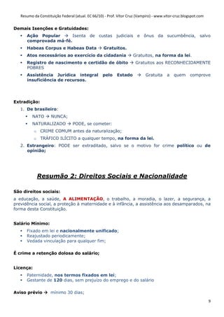 Resumo da Constituição Federal (atual. EC 66/10) - Prof. Vítor Cruz (Vampiro) - www.vitor-cruz.blogspot.com


Demais Isenções e Gratuidades:
      Ação Popular      Isenta de               custas    judiciais    e   ônus    da sucumbência, salvo
      comprovada má-fé.
      Habeas Corpus e Habeas Data                  Gratuitos.
      Atos necessários ao exercício da cidadania                    Gratuitos, na forma da lei.
      Registro de nascimento e certidão de óbito                      Gratuitos aos RECONHECIDAMENTE
      POBRES
      Assistência Jurídica integral               pelo     Estado           Gratuita    a   quem      comprove
      insuficiência de recursos.




Extradição:
   1. De brasileiro:
         NATO       NUNCA;
         NATURALIZADO            PODE, se cometer:
           o CRIME COMUM antes da naturalização;
           o TRÁFICO ILÍCITO a qualquer tempo, na forma da lei.
   2. Estrangeiro: PODE ser extraditado, salvo se o motivo for crime político ou de
      opinião;




            Resumão 2: Direitos Sociais e Nacionalidade

São direitos sociais:
a educação, a saúde, A ALIMENTAÇÃO, o trabalho, a moradia, o lazer, a segurança, a
previdência social, a proteção à maternidade e à infância, a assistência aos desamparados, na
forma desta Constituição.


Salário Mínimo:
      Fixado em lei e nacionalmente unificado;
      Reajustado periodicamente;
      Vedada vinculação para qualquer fim;

É crime a retenção dolosa do salário;


Licença:
      Paternidade, nos termos fixados em lei;
      Gestante de 120 dias, sem prejuízo do emprego e do salário

Aviso prévio        mínimo 30 dias;

                                                                                                                 9
 