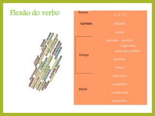 Flexão do verbo

Pessoa
número

1ª, 2ª, 3ª
singular
plural
pretérito – perfeito

-imperfeito

Tempo
Número

-mais que perfeito
presente
futuro
indicativo

Modo

conjuntivo
condicional
imperativo

 