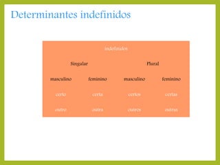 Determinantes indefinidos
indefinidos
Singular

Plural

masculino

feminino

masculino

feminino

certo

certa

certos

certas

outro

outra

outros

outras

 