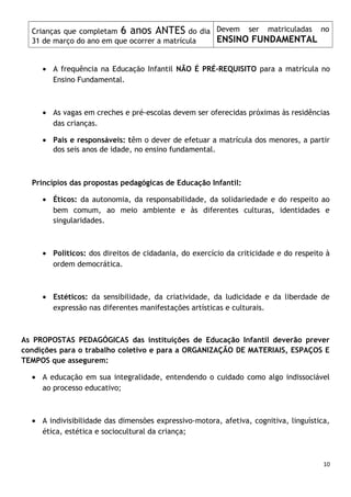 Crianças que completam 6 anos ANTES do dia Devem ser matriculadas no
ENSINO FUNDAMENTAL
31 de março do ano em que ocorrer a matrícula
• A frequência na Educação Infantil NÃO É PRÉ-REQUISITO para a matrícula no
Ensino Fundamental.

• As vagas em creches e pré-escolas devem ser oferecidas próximas às residências
das crianças.
• Pais e responsáveis: têm o dever de efetuar a matrícula dos menores, a partir
dos seis anos de idade, no ensino fundamental.

Princípios das propostas pedagógicas de Educação Infantil:
• Éticos: da autonomia, da responsabilidade, da solidariedade e do respeito ao
bem comum, ao meio ambiente e às diferentes culturas, identidades e
singularidades.

• Políticos: dos direitos de cidadania, do exercício da criticidade e do respeito à
ordem democrática.

• Estéticos: da sensibilidade, da criatividade, da ludicidade e da liberdade de
expressão nas diferentes manifestações artísticas e culturais.

As PROPOSTAS PEDAGÓGICAS das instituições de Educação Infantil deverão prever
condições para o trabalho coletivo e para a ORGANIZAÇÃO DE MATERIAIS, ESPAÇOS E
TEMPOS que assegurem:
• A educação em sua integralidade, entendendo o cuidado como algo indissociável
ao processo educativo;

• A indivisibilidade das dimensões expressivo-motora, afetiva, cognitiva, linguística,
ética, estética e sociocultural da criança;

10

 