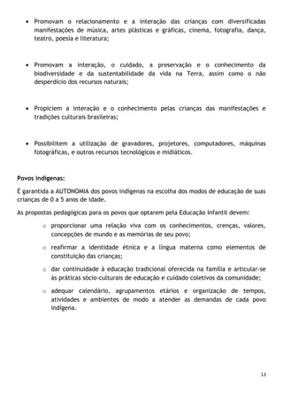 • Promovam o relacionamento e a interação das crianças com diversificadas
manifestações de música, artes plásticas e gráficas, cinema, fotografia, dança,
teatro, poesia e literatura;

• Promovam a interação, o cuidado, a preservação e o conhecimento da
biodiversidade e da sustentabilidade da vida na Terra, assim como o não
desperdício dos recursos naturais;

• Propiciem a interação e o conhecimento pelas crianças das manifestações e
tradições culturais brasileiras;

• Possibilitem a utilização de gravadores, projetores, computadores, máquinas
fotográficas, e outros recursos tecnológicos e midiáticos.

Povos indígenas:
É garantida a AUTONOMIA dos povos indígenas na escolha dos modos de educação de suas
crianças de 0 a 5 anos de idade.
As propostas pedagógicas para os povos que optarem pela Educação Infantil devem:
o proporcionar uma relação viva com os conhecimentos, crenças, valores,
concepções de mundo e as memórias de seu povo;
o reafirmar a identidade étnica e a língua materna como elementos de
constituição das crianças;
o dar continuidade à educação tradicional oferecida na família e articular-se
às práticas sócio-culturais de educação e cuidado coletivos da comunidade;
o adequar calendário, agrupamentos etários e organização de tempos,
atividades e ambientes de modo a atender as demandas de cada povo
indígena.

13

 