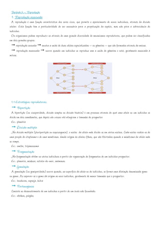Unidade 6 – Reprodução
 1. Reprodução assexuada
  A reprodução é uma função característica dos seres vivos, que permite o aparecimento de novos indivíduos, através da divisão
celular. Esta função tem a particularidade de ser necessária para a perpetuação da espécie, mas não para a sobrevivência do
indivíduo.
  Os organismos podem reproduzir-se através de uma grande diversidade de mecanismos reprodutores, que podem ser classificados
em dois grandes grupos:
       reprodução sexuada envolve a união de duas células especializadas – os gâmetas – que são formados através da meiose.
       reprodução assexuada ocorre quando um indivíduo se reproduz sem a união de gâmetas e está, geralmente associada à
mitose.




 1.1 Estratégias reprodutoras:
      Bipartição
 A bipartição (ou cissiparidade, divisão simples ou divisão binária) é um processo através do qual uma célula ou um indivíduo se
divide em dois semelhantes, que depois vão crescer até atingirem o tamanho do progenitor
 Ex.: planária
      Divisão múltipla
  Na divisão múltipla (pluripartição ou esquizogonia), o núcleo da célula-mãe divide-se em vários núcleos. Cada núcleo rodeia-se de
uma porção de citoplasma e de uma membrana, dando origem às células-filhas, que são libertadas quando a membrana da célula-mãe
se rompe.
  Ex.: amiba, tripanossoma
      Fragmentação
 Na fragmentação obtêm-se vários indivíduos a partir da regeneração de fragmentos de um indivíduo progenitor.
 Ex.: planaria, minhoca, estrela-do-mar, anémonas
      Gemulação
  A gemulação (ou gemiparidade) ocorre quando, na superfície da célula ou do indivíduo, se forma uma dilatação denominada gomo
ou gema. Ao separar-se o gomo dá origem ao novo indivíduo, geralmente de menor tamanho que o progenitor.
 Ex.: leveduras, esponja, hidra
      Partenogénese
 Consiste no desenvolvimento de um indivíduo a partir de um óvulo não fecundado.
 Ex.: abelhas, pulgões
 