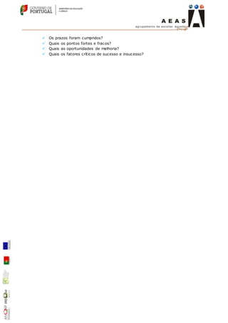  Os prazos foram cumpridos?
 Quais os pontos fortes e fracos?
 Quais as oportunidades de melhoria?
 Quais os fatores críticos de sucesso e insucesso?
 