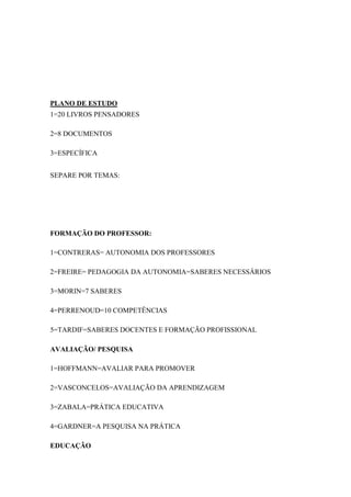 PLANO DE ESTUDO
1=20 LIVROS PENSADORES
2=8 DOCUMENTOS
3=ESPECÍFICA
SEPARE POR TEMAS:

FORMAÇÃO DO PROFESSOR:
1=CONTRERAS= AUTONOMIA DOS PROFESSORES
2=FREIRE= PEDAGOGIA DA AUTONOMIA=SABERES NECESSÁRIOS
3=MORIN=7 SABERES
4=PERRENOUD=10 COMPETÊNCIAS
5=TARDIF=SABERES DOCENTES E FORMAÇÃO PROFISSIONAL
AVALIAÇÃO/ PESQUISA
1=HOFFMANN=AVALIAR PARA PROMOVER
2=VASCONCELOS=AVALIAÇÃO DA APRENDIZAGEM
3=ZABALA=PRÁTICA EDUCATIVA
4=GARDNER=A PESQUISA NA PRÁTICA
EDUCAÇÃO

 