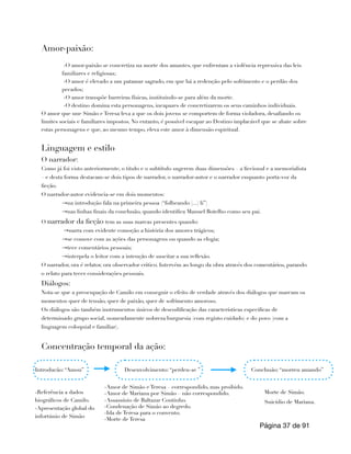 Amor-paixão:
-O amor-paixão se concretiza na morte dos amantes, que enfrentam a violência repressiva das leis
familiares e religiosas;
-O amor é elevado a um patamar sagrado, em que há a redenção pelo sofrimento e o perdão dos
pecados;
-O amor transpõe barreiras físicas, instituindo-se para além da morte.
-O destino domina esta personagens, incapazes de concretizarem os seus caminhos individuais.
O amor que une Simão e Teresa leva a que os dois jovens se comportem de forma violadora, desafiando os
limites sociais e familiares impostos. No entanto, é possível escapar ao Destino implacável que se abate sobre
estas personagens e que, ao mesmo tempo, eleva este amor à dimensão espiritual.
Linguagem e estilo
O narrador:
Como já foi visto anteriormente, o titulo e o subtítulo sugerem duas dimensões – a ficcional e a memorialista
– e desta forma destacam-se dois tipos de narrador, o narrador-autor e o narrador enquanto porta-voz da
ficção.
O narrador-autor evidencia-se em dois momentos:
→na introdução fala na primeira pessoa (“folheando [...] li”)
→nas linhas finais da conclusão, quando identifica Manuel Botelho como seu pai.
O narrador da ficção tem as suas marcas presentes quando:
→narra com evidente comoção a história dos amores trágicos;
→se comove com as ações das personagens ou quando as elogia;
→tece comentários pessoais;
→interpela o leitor com a intenção de suscitar a sua reflexão.
O narrador, ora é relator, ora observador critico. Intervém ao longo da obra através dos comentários, parando
o relato para tecer considerações pessoais.
Diálogos:
Nota-se que a preocupação de Camilo em conseguir o efeito de verdade através dos diálogos que marcam os
momentos quer de tensão, quer de paixão, quer de sofrimento amoroso.
Os diálogos são também instrumentos únicos de descodificação das características especificas de
determinado grupo social, nomeadamente nobreza/burguesia (com registo cuidado) e do povo (com a
linguagem coloquial e familiar).
Concentração temporal da ação:
Página de
37 91
Introdução: “Amou” Desenvolvimento: “perdeu-se ” Conclusão: “morreu amando”
-Referência a dados
biográficos de Camilo.
-Apresentação global do
infortúnio de Simão
-Amor de Simão e Teresa – correspondido, mas proibido.
-Amor de Mariana por Simão – não correspondido.
-Assassínio de Baltazar Coutinho.
-Condenação de Simão ao degredo.
-Ida de Teresa para o convento.
-Morte de Teresa
Morte de Simão.
Suicídio de Mariana.
 