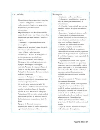 Página de
83 91
Os Lusíadas:
-Dinamismo; a viagem, a aventura, o perigo.
-A acção, a inteligência, o concreto, o
conhecimento do Império no apogeu e na
decadência, a possibilidade de
ter esperança.
-O poeta dirige-se a D. Sebastião, que era
uma realidade viva, e invectiva o rei a realizar
novos feitos que dêem matéria a uma nova
epopeia.
-A memória e a esperança situam-se no
mesmo plano.
-Concepção de heroísmo: concretização de
feitos épicos pelos humanos.
-Amor à Pátria: enaltecimento e
imortalização a História de Portugal e dos
heróis portugueses, através de um
poema épico, trabalho árduo e longo.
-Linguagem épica, estilo grandiloquente.
-Epopeia clássica pela forma e pelo
conteúdo. Narração da viagem de Vasco da
Gama, da luta dos deuses, da História de
Portugal em alternâncias, discurso encaixado,
analepses e prolepses.
-Assunto: os Portugueses e os feitos
concretos cumpridos. O poeta canta a saga
lusa na conquista dos mares.
-Os heróis agem norteados pela Fé' de
Cristo, dando a conhecer novos mundos ao
mundo. A missão de Vasco da Gama foi
coroada de êxito dela derivou o Império
Português do Oriente; outra missão poderá
ser realizada pelo rei D. Sebastião: difusão
do Cristianismo e conquistas no Norte de
África.
-Epopeia de dimensão humanista-
renascentista: acesso ao conhecimento dos
segredos da Natureza pelo Homem
Mensagem:
-Estatísmo: o sonho, o indefinido.
-O abstracto, a sensibilidade, a utopia, a
falta de razões para ter esperança, o
sebastianismo.
-D. Sebastião é uma entidade que vive na
memória saudosa do poeta, uma sombra,
um mito.
-A esperança é utopia, só existe no sonho.
-Concepção de heroísmo: de carácter
mental, conceptual. O autor identifica-se
com os heróis e, através deles, revela-se
num processo lírico-dramático.
-Os heróis são símbolos de um olhar
visionário, as figuras são espectros,
resultado do trabalho do pensamento.
-Amor à Pátria: atitude metafísica, procura
incessante do que não existe. Expressão de
fé no Quinto Império, evasão angustiada da
vivência absurda.
-Linguagem épico-lírica, estilo lapidar.
Mega-poema constituído por quarenta e
quatro poemas breves, agrupados em três
partes principais (1a,2a, 3a, sendo a 1a e a
3a subdivididas). De carácter ocultista, a
sua natureza é predominantemente
de índole interpretativa, com reduzida
narração.
-Assunto: a essência da Pátria e a missão
que esta deverá cumprir,
-Os heróis, numa atitude contemplativa e
enigmática, buscam o infinito: a Índia
tecida de sonhos. A missão terrena de
Portugal foi cumprida por vontade divina;
outra, de índole ocultista, aventura
espiritual e cultural, está ainda por cumprir
a hegemonia do Quinto Império.
-Poema épico-lírico-simbólico-mítico,
projecto de ideal de fraternidade universal:
utopia.
-Elogio da loucura, do sonho: evasão do
real, valorização do imaginário.
 