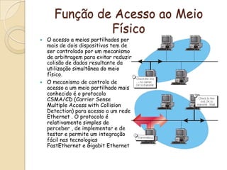 Função de Acesso ao Meio FísicoO acesso a meios partilhados por mais de dois dispositivos tem de ser controlado por um mecanismo de arbitragem para evitar reduzir colisão de dados resultante da utilização simultânea do meio físico.O mecanismo de controlo de acesso a um meio partilhado mais conhecido é o protocolo CSMA/CD (Carrier Sense Multiple Access with CollisionDetection) para acesso a um rede Ethernet . O protocolo é relativamente simples de perceber , de implementar e de testar e permite um integração fácil nas tecnologias FastEthernet e Gigabit Ethernet