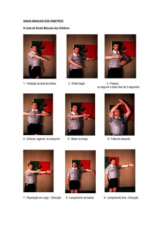 SINAIS MANUAIS DOS ÁRBITROS
A Lista de Sinais Manuais dos Árbitros:
1 - Violação da área de baliza 2 - Drible ilegal 3 - Passos,
ou segurar a bola mais de 3 segundos
4 - Cinturar, agarrar, ou empurrar 5 - Bater no braço 6 - Falta do atacante
7 - Reposição em Jogo – Direcção 8 - Lançamento de baliza 9 - Lançamento livre - Direcção
 