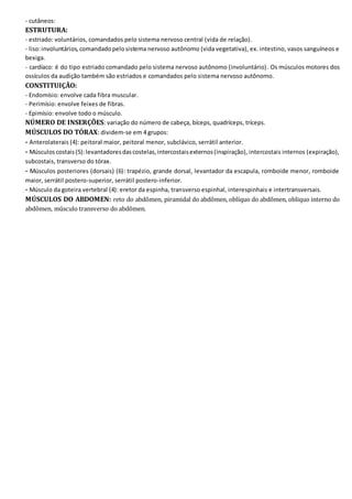 - cutâneos: 
ESTRUTURA: 
- estriado: voluntários, comandados pelo sistema nervoso central (vida de relação). 
- liso: involuntários, comandado pelo sistema nervoso autônomo (vida vegetativa), ex. intestino, vasos sanguíneos e 
bexiga. 
- cardíaco: é do tipo estriado comandado pelo sistema nervoso autônomo (involuntário) . Os músculos motores dos 
ossículos da audição também são estriados e comandados pelo sistema nervoso autônomo. 
CONSTITUIÇÃO: 
- Endomísio: envolve cada fibra muscular. 
- Perimísio: envolve feixes de fibras. 
- Epimísio: envolve todo o músculo. 
NÚMERO DE INSERÇÕES: variação do número de cabeça, bíceps, quadríceps, tríceps. 
MÚSCULOS DO TÓRAX: dividem-se em 4 grupos: 
- Anterolaterais (4): peitoral maior, peitoral menor, subclávico, serrátil anterior. 
- Músculos costais (5): levantadores das costelas, intercostais externos (inspiração), intercostais internos (expiração), 
subcostais, transverso do tórax. 
- Músculos posteriores (dorsais) (6): trapézio, grande dorsal, levantador da escapula, romboide menor, romboide 
maior, serrátil postero-superior, serrátil postero-inferior. 
- Músculo da goteira vertebral (4): eretor da espinha, transverso espinhal, interespinhais e intertransversais. 
MÚSCULOS DO ABDOMEN: reto do abdômen, piramidal do abdômen, oblíquo do abdômen, obliquo interno do 
abdômen, músculo transverso do abdômen. 
