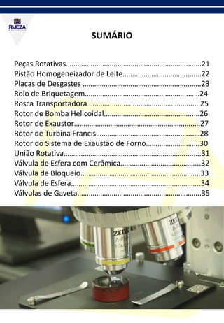 SUMÁRIO
Peças Rotativas……………………………………………………….…….21
Pistão Homogeneizador de Leite……………………………..……22
Placas de Desgastes ………………………………………………..……23
Rolo de Briquetagem………………………………….…………..……24
Rosca Transportadora ………………………………….……….…..…25
Rotor de Bomba Helicoidal………………………………………..…26
Rotor de Exaustor………………………………………………….…..…27
Rotor de Turbina Francis……………………………..……….…...…28
Rotor do Sistema de Exaustão de Forno……………………….30
União Rotativa……………………………………………………….…..…31
Válvula de Esfera com Cerâmica…………………………………...32
Válvula de Bloqueio………………………………………………………33
Válvula de Esfera…………………………………………………………..34
Válvulas de Gaveta………………………………………………………..35
 