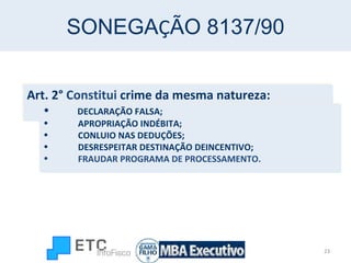 SONEGA Ç ÃO 8137/90 Art. 2°  Constitui  crime da mesma natureza: DECLARAÇÃO FALSA ; APROPRIAÇÃO INDÉBITA ; CONLUIO NAS DEDUÇÕES ; DESRESPEITAR DESTINAÇÃO DEINCENTIVO ; FRAUDAR PROGRAMA DE PROCESSAMENTO . 
