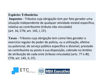 Esp é cies Tribut á rias Impostos  -  Tributos cuja obrigação tem por fato gerador uma situação independente de qualquer atividade estatal específica, relativa ao contribuinte (tributo não vinculado)  (art. 16, CTN; art. 145, I, CF). Taxas  -  Tributos cuja obrigação tem como fato gerador o exercício regular do poder de polícia,  ou  a utilização, efetiva ou potencial, de serviço público específico e divisível, prestado ao contribuinte ou posto à sua disposição, cobrado no âmbito de atribuição de cada ente (tributo vinculado) (arts.  77 e 80, CTN; art. 145, II, CF). 