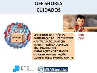 OFF SHORES CUIDADOS SPED CVM  EMPRESA  C VISIBILIDADE DE NEGÓCIOS DISTRIBUIÇÃO DE LUCROS EFETIVA CAPITALIZAÇÃO VIA BACEN MANTER POLÍTICA DE PREÇOS NÃO PRATICAR DDL EVITAR AÇÕES AO PORTADOR PUBLICAR DEMONSTRAÇÕES AUMENTAR SEU PRÓPRIO CAPITAL 