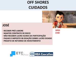 OFF SHORES CUIDADOS SPED CVM  JOSÉ RECEBER PRÓ-LABORE  MANTER CONTRATO DE RISCO NÃO RECEBER LUCRO ACIMA DA PARTICIPAÇÃO PAGAR O IMPOSTO SB DOAÇÃO SOBRE LUCRO DOADO PROJETO DE RETORNO DE INVESTIMENTO 