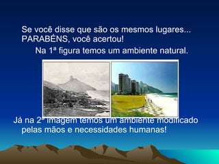Se você disse que são os mesmos lugares... PARABÉNS, você acertou! Na 1ª figura temos um ambiente natural. Já na 2ª imagem temos um ambiente modificado pelas mãos e necessidades humanas! 