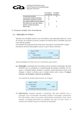 COLÉGIO PROTÁSIO ALVES
Curso Técnico em Contabilidade
Segundo Semestre
15
Inventário Inventário
Permanente Periódico
Lançamento da Venda X X
Lançamento da Baixa do Estoque X
CMV obtido a qualquer momento X
Apuração do CMV no final do período X
Mercadoria com alto valor unitário X
Melhor controle do estoque X
Menos caro X
2. Processo contábil com mercadorias.
2.1. Operações na compra
Quando uma entidade compra uma mercadoria, essa operação pode ser à vista
ou a prazo. Se a compra é a prazo, isso gera um passivo para a entidade, que será
mais adiante quitado.
Um exemplo de lançamento da compra de mercadoria é apresentado a seguir:
Entretanto, diversos fatos podem ocorrer a partir desse momento.
Vamos considerar os mais comuns e relevantes, quais sejam:
(a) Devolução: a devolução de mercadoria ocorre quando o comprador não está
satisfeito com a qualidade ou a especificação do estoque recebido. Em tais
casos, a entidade poderá devolver o produto, sendo necessário retirá-lo do
estoque e reduzir a dívida, caso a compra tenha sido a prazo. O número
excessivo de devoluções pode ser um problema
Um exemplo de tal operação encontra-se a seguir:
(b) Abatimento: acontece quando o comprador não está satisfeito com a
aquisição, mas o fornecedor não deseja receber a mercadoria novamente.
Por esse motivo, reduz o seu preço, incentivando o comprador a ficar com o
estoque. O estoque permanece na entidade, mas com um valor menor. O
lançamento contábil é igual ao realizado na devolução:
 