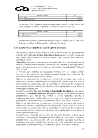 COLÉGIO PROTÁSIO ALVES
Curso Técnico em Contabilidade
Segundo Semestre
34
Registro Contábil R$
D – COFINS 277,50
C – COFINS a Recolher 277,50
Debitam-se COFINS (dedução da receita operacional bruta) contabilizada na DRE
como despesa e creditam-se COFINS a recolher no Passivo Circulante.
Registro Contábil R$
D – PIS sobre Faturamento 60,13
C – PIS a Recolher 60,13
Debitam-se PIS (dedução da receita operacional bruta) contabilizada na DRE como
despesa e creditam-se PIS a recolher no Passivo Circulante.
7. PROVISÃO PARA CRÉDITO DE LIQUIDAÇÃO E DUVIDOSA
Inicialmente, é necessário estabelecer o conceito de provisões para que você possa
entender a Provisão para Créditos de Liquidação Duvidosa, pois provisões são valores
que afetam negativamente a situação líquida, tanto quanto custos, despesas,
encargos e perdas.
“Provisões são valores, normalmente estimados pelo setor de contabilidade da
empresa; cobrem perdas prováveis ou caracterizam a existência de exigibilidades,
cujos montantes possam ser previamente conhecidos e/ou calculados.”. (Ribeiro
2002, p. 282).
A Provisão para Créditos de Liquidação Duvidosa tem por função contábil
reconhecer, por estimativa, as perdas potenciais futuras decorrentes do não
recebimento de créditos por vendas a prazo.
Sabe-se, por experiência de mercado, que normalmente uma parte das vendas a
prazo acaba não sendo recebida por inadimplência dos clientes. Com base nisso, e
considerando os pressupostos teóricos assentados nos princípios da competência
dos exercícios e conservadorismo (prudência), é que a legislação comercial admite a
constituição dessa provisão.
Contabilmente, a Provisão para Créditos de Liquidação Duvidosa, ou para alguns
contabilistas Provisão para devedores duvidosos, deve ser constituída com base em
procedimentos que, efetivamente, reflitam as perdas esperadas. Para tal, é
importante que sejam considerados os fatores de risco conhecidos, para que se
possa estimar, criteriosamente, a expectativa de perdas com contas a receber.
Sabe-se, por experiência de mercado, que normalmente uma parte das vendas a
prazo acaba não sendo recebida por inadimplência dos clientes. Com base nisso, e
considerando os pressupostos teóricos assentados nos princípios da competência
dos exercícios e conservadorismo (prudência), é que a legislação comercial admite a
constituição dessa provisão.
Contabilmente, a Provisão para Créditos de Liquidação Duvidosa, ou para alguns
contabilistas Provisão para devedores duvidosos, deve ser constituída com base em
procedimentos que, efetivamente, refl itam as perdas esperadas. Para tal, é
importante que sejam considerados os fatores de risco conhecidos, para que se
possa estimar, criteriosamente, a expectativa de perdas com contas a receber.
 