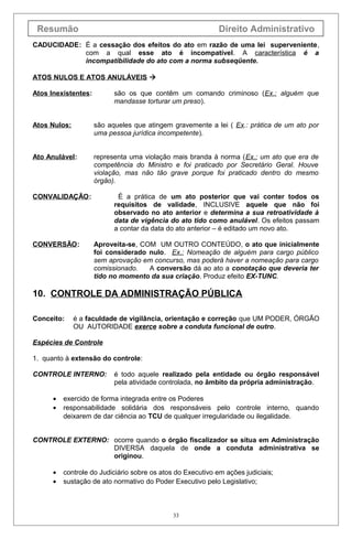 Resumão Direito Administrativo
CADUCIDADE: É a cessação dos efeitos do ato em razão de uma lei superveniente,
com a qual esse ato é incompatível. A característica é a
incompatibilidade do ato com a norma subseqüente.
ATOS NULOS E ATOS ANULÁVEIS 
Atos Inexistentes: são os que contêm um comando criminoso (Ex.: alguém que
mandasse torturar um preso).
Atos Nulos: são aqueles que atingem gravemente a lei ( Ex.: prática de um ato por
uma pessoa jurídica incompetente).
Ato Anulável: representa uma violação mais branda à norma (Ex.: um ato que era de
competência do Ministro e foi praticado por Secretário Geral. Houve
violação, mas não tão grave porque foi praticado dentro do mesmo
órgão).
CONVALIDAÇÃO: É a prática de um ato posterior que vai conter todos os
requisitos de validade, INCLUSIVE aquele que não foi
observado no ato anterior e determina a sua retroatividade à
data de vigência do ato tido como anulável. Os efeitos passam
a contar da data do ato anterior – é editado um novo ato.
CONVERSÃO: Aproveita-se, COM UM OUTRO CONTEÚDO, o ato que inicialmente
foi considerado nulo. Ex.: Nomeação de alguém para cargo público
sem aprovação em concurso, mas poderá haver a nomeação para cargo
comissionado. A conversão dá ao ato a conotação que deveria ter
tido no momento da sua criação. Produz efeito EX-TUNC.
10. CONTROLE DA ADMINISTRAÇÃO PÚBLICA
Conceito: é a faculdade de vigilância, orientação e correção que UM PODER, ÓRGÃO
OU AUTORIDADE exerce sobre a conduta funcional de outro.
Espécies de Controle
1. quanto à extensão do controle:
CONTROLE INTERNO: é todo aquele realizado pela entidade ou órgão responsável
pela atividade controlada, no âmbito da própria administração.
• exercido de forma integrada entre os Poderes
• responsabilidade solidária dos responsáveis pelo controle interno, quando
deixarem de dar ciência ao TCU de qualquer irregularidade ou ilegalidade.
CONTROLE EXTERNO: ocorre quando o órgão fiscalizador se situa em Administração
DIVERSA daquela de onde a conduta administrativa se
originou.
• controle do Judiciário sobre os atos do Executivo em ações judiciais;
• sustação de ato normativo do Poder Executivo pelo Legislativo;
33
 