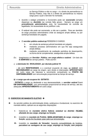 Resumão Direito Administrativo
no Serviço Público e não no cargo – é o direito de permanência no
Serviço Público, mas não é o direito de permanência no mesmo
cargo para o qual o Servidor foi nomeado.
• durante o estágio probatório o funcionário pode ser exonerado (simples
dispensa) ou demitido (se comete falta grave). Sempre se exige um
procedimento administrativo, pois, há necessidade do controle da
legalidade, há necessidade de se justificar o ato.
• O estável não pode ser exonerado, a não ser a pedido. Para ser demitido
se exige processo administrativo onde se assegure ampla defesa, ou por
sentença transitado em julgado.
• O servidor público estável só PERDERÁ O CARGO:
I - em virtude de sentença judicial transitada em julgado;
II - mediante processo administrativo em que lhe seja assegurada
ampla defesa;
III - mediante procedimento de avaliação periódica de desempenho,
na forma de lei complementar, assegurada ampla defesa.
Ex.: Imaginemos um Servidor Público, em cargo efetivo e estável. Um belo dia
É DEMITIDO do serviço público. Pode ocorrer:
a) a demissão foi INVALIDADA por decisão judicial 
- ele será REINTEGRADO, e o eventual ocupante da vaga, se estável, será
RECONDUZIDO ao cargo de origem, sem direito à indenização; APROVEITADO
em outro cargo (de natureza e vencimento compatíveis) ou POSTO EM
DISPONIBILIDADE com remuneração proporcional ao tempo de serviço.
b) o cargo que ele ocupava foi EXTINTO:
- EXTINTO o cargo ou declarada a sua desnecessidade, o servidor estável ficará
EM DISPONIBILIDADE, com remuneração proporcional ao tempo de serviço, até seu
adequado APROVEITAMENTO em outro cargo.
2) EXERCÍCIO DE MANDATO ELETIVO 
 Ao servidor público da administração direta, autárquica e fundacional, no exercício de
mandato eletivo, aplicam-se as seguintes disposições:
I - tratando-se de mandato eletivo federal, estadual ou distrital, FICARÁ
afastado de seu cargo, emprego ou função;
II - investido no mandato de Prefeito, SERÁ AFASTADO do cargo, emprego ou
função, sendo-lhe facultado optar pela sua remuneração;
III - investido no mandato de Vereador, havendo compatibilidade de horários,
perceberá as vantagens de seu cargo, emprego ou função, sem prejuízo
52
 