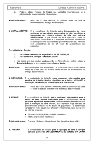 Resumão Direito Administrativo
3. Pode-se adotar Tomada de Preços nas Licitações internacionais, se a
Administração possuir cadastro internacional.
Publicidade ampla: prazo de 30 dias corridos, no mínimo, antes da data de
encerramento da entrega dos envelopes;
3. CARTA - CONVITE: É a modalidade de licitação entre interessados do ramo
pertinente ao seu objeto, cadastrados ou não, escolhidos e
convidados em número mínimo de três pela unidade
administrativa, a qual afixará, em local apropriado, cópia do
instrumento convocatório e o estenderá aos demais cadastrados
na correspondente especialidade que manifestarem seu interesse
com antecedência de até 24 horas da apresentação das
propostas.
É exigida Carta - Convite:
1. Para obras e serviços de engenharia – até R$ 150.000,00.
2. Para compras e serviços – até R$ 80.000,00.
• nos casos em que couber carta-convite, a Administração poderá utilizar a
Tomada de Preços e, em qualquer caso, a Concorrência.
Publicidade: feita diretamente aos convidados; a publicidade ampla é facultativa.
Prazo de 5 dias úteis, no mínimo, antes da data de encerramento da
entrega dos envelopes;
4. CONCURSO: É a modalidade de licitação entre quaisquer interessados para
escolha de trabalho técnico, científico ou artístico, MEDIANTE a
instituição de prêmios ou remuneração aos vencedores.
Publicidade ampla: Prazo de 45 dias corridos, no mínimo, entre a publicação do Edital
e antes da data de encerramento da entrega dos envelopes;
5. LEILÃO: É a modalidade de licitação entre quaisquer interessados para a
venda de bens móveis inservíveis para a Administração ou de
produtos legalmente apreendidos. O leilão também pode ser utilizado
para a alienação de bens imóveis, cuja aquisição haja derivado de
procedimentos judiciais ou de dação em pagamento. É considerado
vencedor do leilão aquele que oferecer o maior lance, igual ou superior
ao valor da avaliação.
• permite a participação de qualquer interessado;
• não há exigência de habilitação;
Publicidade ampla: Prazo de 15 dias corridos antes da data da realização do leilão.
6. PREGÃO: é a modalidade de licitação para a aquisição de bens e serviços
comuns, promovida EXCLUSIVAMENTE NO ÂMBITO DA UNIÃO,
67
 