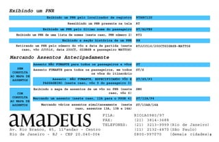 Reexibindo um PNR presente na tela
Exibindo um PNR
Exibindo um PNR pelo localizador de registro RTABC12D
Exibindo um PNR pelo último nome do passageiro RT/ALVES
RT
Exibindo um PNR de uma lista de nomes (neste caso, PNR número 2) RT2
Exibindo a seção histórica de um PNR
SEM
CONSULTA
AO MAPA DE
ASSENTOS
8
RH
RTJJ3516/20OCTGIGBSB-MATTOS
ST/13AB/14A
Retirando um PNR pelo número do vôo e data de partida (neste
caso, vôo JJ3516, data 20OCT, GIGBSB e passageiro MATTOS)
Marcando Assentos Antecipadamente
COM
CONSULTA
AO MAPA DE
ASSENTOS
Assento FUMANTE para todos os passageiros, em todos
os vôos do itinerário
ST/S
SM6
Assento NÃO FUMANTE para todos os passageiros e vôos
Assento NÃO FUMANTE, ESPECIFICANDO VÔO E
PASSAGEIRO (neste caso, vôo 5 do passageiro 3)
ST
ST/S5/P3
Exibindo o mapa de assentos de um vôo no PNR (neste
caso, vôo 6)
Marcando um assento (neste caso, 12A para o PSGR 4) ST/12A/P4
Marcando vários assentos simultaneamente (neste
caso, assentos 13A, 13B e 14A)
Av. Rio Branco, 85, 11°andar - Centro
Rio de Janeiro - RJ - CEP 20.040-004
FILA: RIO1A0980/97
FAX: (21) 3814-3688
TELEFONES: (21) 3213-9999 (Rio de Janeiro)
(11) 2132-4870 (São Paulo)
0800-997070 (demais cidades)
 