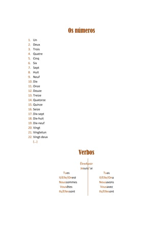 Os números
1. Un
2. Deux
3. Trois
4. Quatre
5. Cinq
6. Six
7. Sept
8. Huit
9. Neuf
10. Dix
11. Onze
12. Douze
13. Treize
14. Quatorze
15. Quinze
16. Seize
17. Dix-sept
18. Dix-huit
19. Dix-neuf
20. Vingt
21. Vingtetun
22. Vingt-deux
    (…)


                                 Verbos
                                 ÊtreAvoir
                                 JesuisJ´ai
                     Tues                         Tuas
                 Il/Elle/Onest                Il/Elle/Ona
                 Noussommes                   Nousavons
                  Vousêtes                     Vousavez
                 Ils/Ellessont                Ils/Ellesont
 