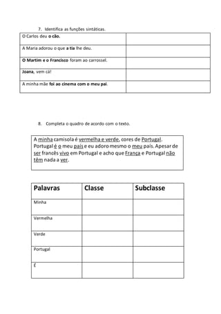 7. Identifica as funções sintáticas.
O Carlos deu o cão.
A Maria adorou o que a tia lhe deu.
O Martim e o Francisco foram ao carrossel.
Joana, vem cá!
A minha mãe foi ao cinema com o meu pai.
8. Completa o quadro de acordo com o texto.
Palavras Classe Subclasse
Minha
Vermelha
Verde
Portugal
É
A minha camisola é vermelha e verde, cores de Portugal.
Portugal é o meu país e eu adoro mesmo o meu país.Apesarde
ser francês vivo em Portugal e acho que França e Portugal não
têm nada a ver.
 