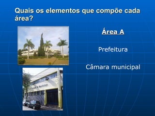 Quais os elementos que compõe cada área? Área A Prefeitura Câmara municipal 