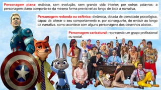 Personagem plana: estática, sem evolução, sem grande vida interior; por outras palavras: a
personagem plana comporta-se da mesma forma previsível ao longo de toda a narrativa.
Personagem redonda ou esférica: dinâmica, dotada de densidade psicológica,
capaz de alterar o seu comportamento e, por conseguinte, de evoluir ao longo
da narrativa, como acontece com alguns personagens dos desenhos abaixo..
Personagem caricatural: representa um grupo profissional
ou social.
 