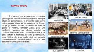 ESPAÇO SOCIAL
É o espaço que apresenta as condições
psicológicas, morais e socioeconômicas em que
atuam as personagens. O ambiente pode, entre
outras coisas, situar as personagens na época;
no grupo social e nas condições em que se
passa a história, fornecer pistas para um
desfecho macabro ou trágico, projetar os
conflitos vividos por elas. Um ambiente macabro
pode refletir a morbidez de uma personagem,
uma história de amor pode pedir um cenário
romântico e um romance policial, becos e ruas
escuras de uma grande cidade.
COMUNIDADES
SERTÃO NORDESTINO
TRIBO INDÍGENA
CEMITÉRIO
HOSPÍCIO
RUA ESCURA
 