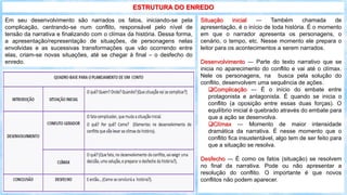 Situação inicial ― Também chamada de
apresentação, é o início de toda história. É o momento
em que o narrador apresenta os personagens, o
cenário, o tempo, etc. Nesse momento ele prepara o
leitor para os acontecimentos a serem narrados.
Desenvolvimento ― Parte do texto narrativo que se
inicia no aparecimento do conflito e vai até o clímax.
Nele os personagens, na busca pela solução do
conflito, desenvolvem uma sequência de ações.
Complicação ― É o início do embate entre
protagonista e antagonista. É quando se inicia o
conflito (a oposição entre essas duas forças). O
equilíbrio inicial é quebrado através do embate para
que a ação se desenvolva.
Clímax ― Momento de maior intensidade
dramática da narrativa. É nesse momento que o
conflito fica insustentável, algo tem de ser feito para
que a situação se resolva.
Desfecho ― É como os fatos (situação) se resolvem
no final da narrativa. Pode ou não apresentar a
resolução do conflito. O importante é que novos
conflitos não podem aparecer.
ESTRUTURA DO ENREDO
Em seu desenvolvimento são narrados os fatos, iniciando-se pela
complicação, centrando-se num conflito, responsável pelo nível de
tensão da narrativa e finalizando com o clímax da história. Dessa forma,
a apresentação/representação de situações, de personagens nelas
envolvidas e as sucessivas transformações que vão ocorrendo entre
elas, criam-se novas situações, até se chegar à final – o desfecho do
enredo.
 