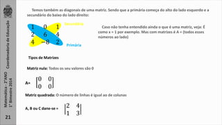 Coordenadoria de Educação 
Matemática - 2°ANO 
1° Bimestre 2014 
21 
Temos também as diagonais de uma matriz. Sendo que a primária começa do alto do lado esquerdo e a 
secundário do baixo do lado direito: 
Secundária 
1 0 1 
2 6 4 
4 −8 2 Primária 
Tipos de Matrizes 
Caso não tenha entendido ainda o que é uma matriz, veja: É 
como x = 1 por exemplo. Mas com matrizes é A = (todos esses 
números ao lado) 
Matriz nula: Todos os seu valores são 0 
0 0 
0 0 
A= 
Matriz quadrada: O número de linhas é igual ao de colunas 
2 4 
1 3 
A, B ou C dane-se = 
 